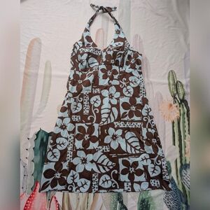 Vintage 90's Two Paddles Made in Hawaii Brown & Blue Hawaiian Tropical Dress
